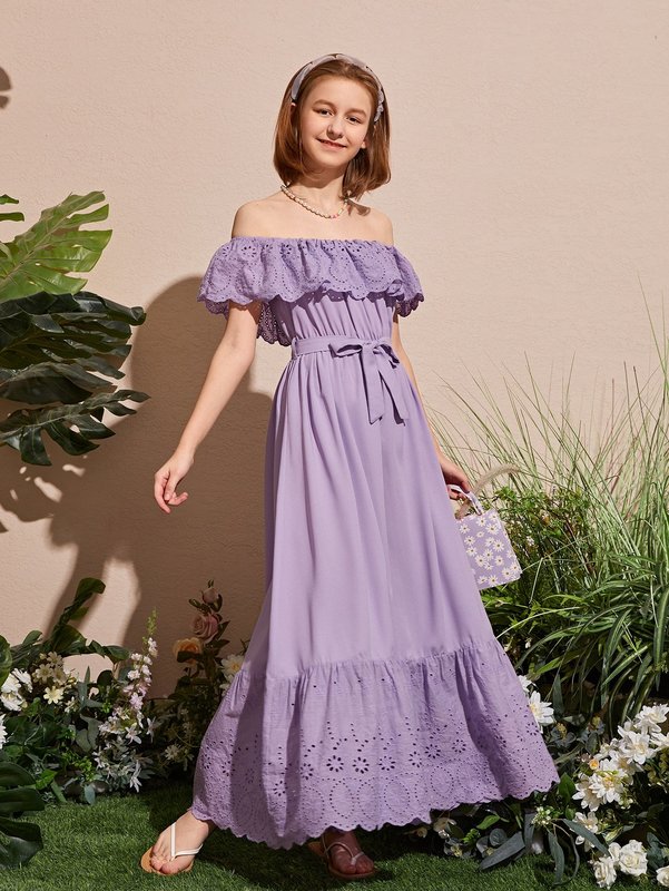 Teen Girls Schiffy Ruffle Detail Off Shoulder Belted Dress SHE