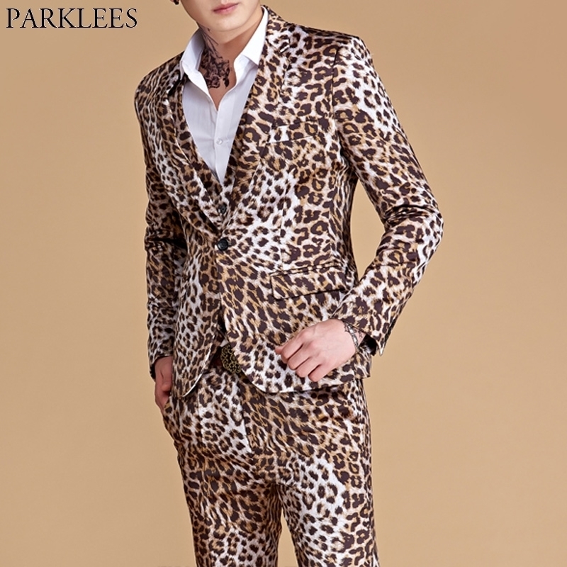 (Jackets+Pants) Mens Leopard Print Suit Casual Slim Fit One Button 2 Piece Set Suits Wedding Singer DJ Stage Plus Costumes Homme 201105