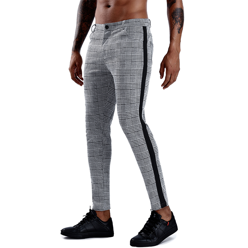 Casual Mens Chinos Cotton Slim Fit Men Pants Trousers Skinny Chinos Pants Grey Ankle Length Streetwear Plaid Side Stripe Pants 201126