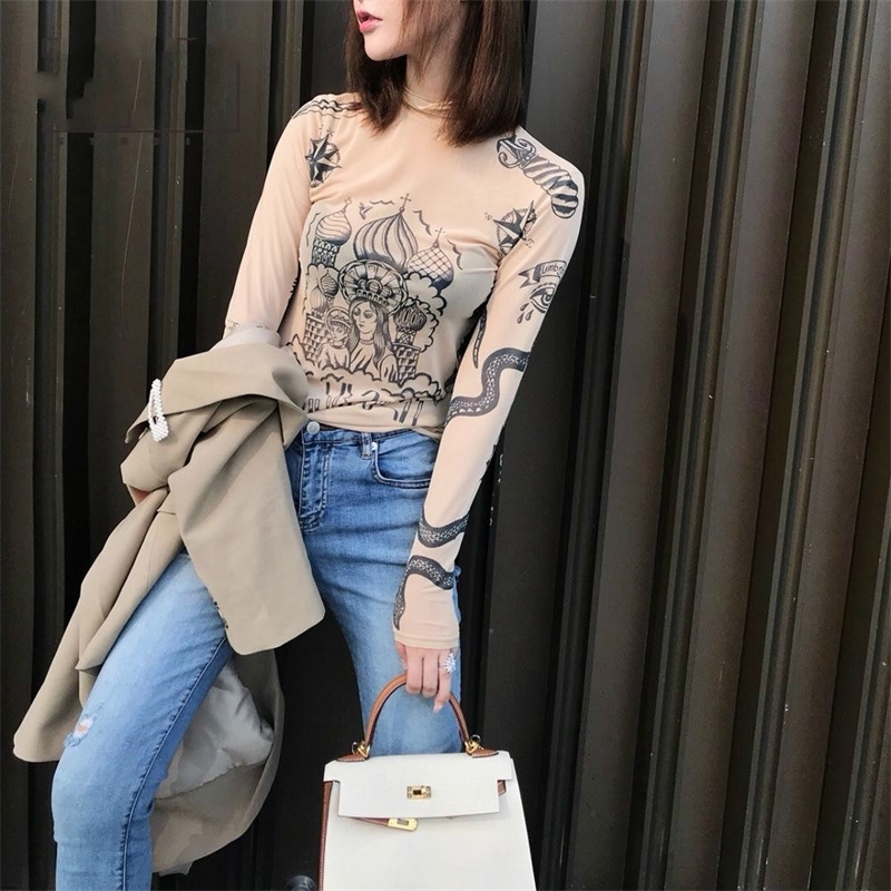 2020 Autumn New Fashion Women Basal Top Goddess Tatoo Print Long Sleeve High Tight Collar Nude Color Mesh Yarn SEXY T shirt LJ200818