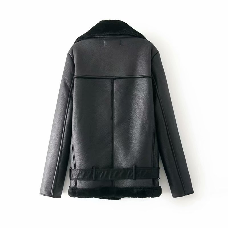 FTLZZ Women Winter Warm Faux Lamb Leather Jacket Coat Faux Leather Lambs Wool Fur Collar Motorcycle Black Jacket Bomber Overcoat 201020