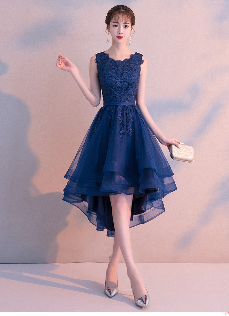 Robe de evening dress soiree Navy Blue O-Neck Sleeveless lace vestido de festa Short Front Long Back Party Dresses