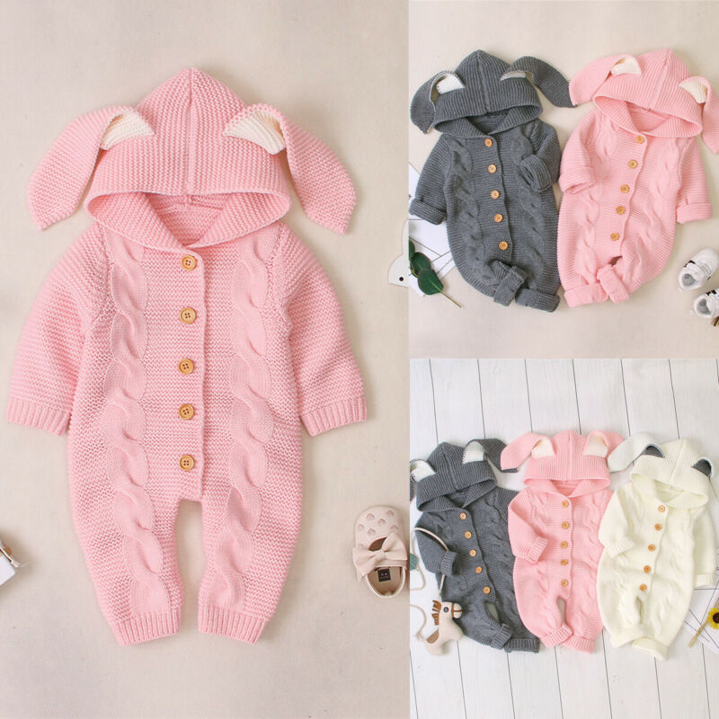 Focusnorm 0-24 M Infant Baby Boys Girls Warm Romper Long Sleeve Knitted Warm 3D Ear Romper Hooded Jumpsuit Outfit Clothes Y1221