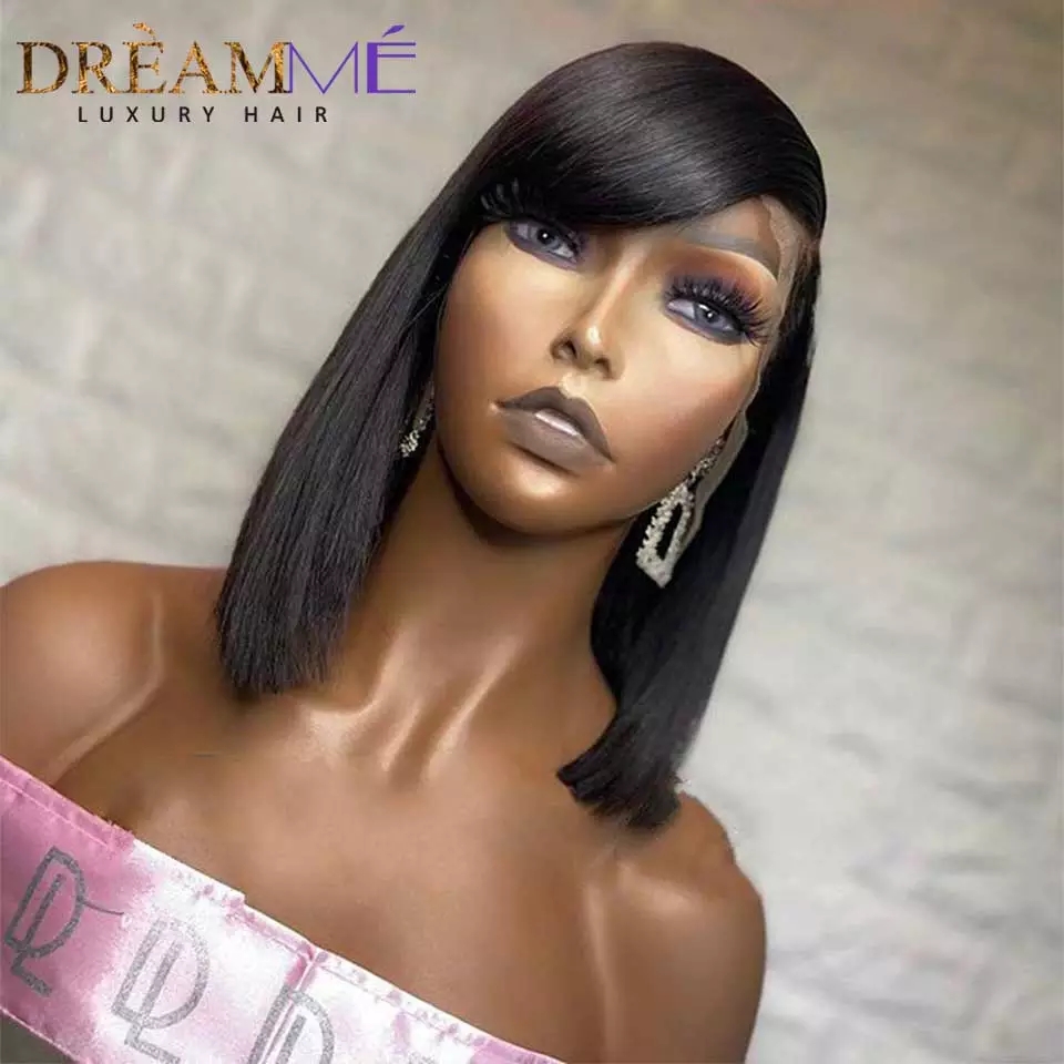 Free shipping 13X4 Lace frontal Short Straight Bob Human Hair With Bangs 150% Density Synthetic Wigs For Black Women