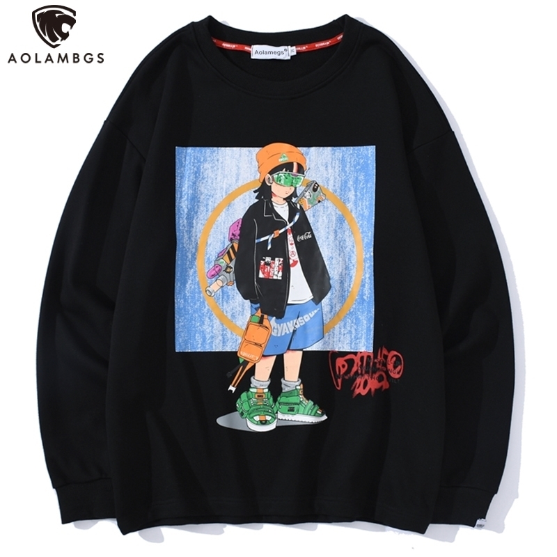 Aolamegs Men Sweatshirt High Street Cool Girl Printed O-Neck Long Sleeve Streetwear Autumn Casual Fashion College Style Pullover 201020