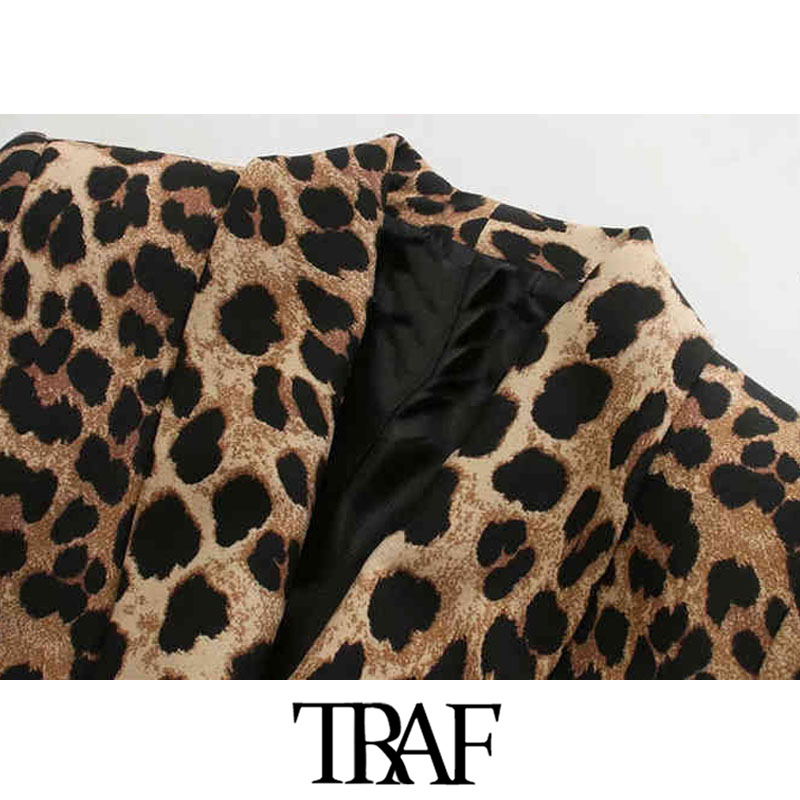 TRAF Women Vintage Fashion Double Breasted Leopard Blazer Coat Long Sleeve Animal Pattern Female Outerwear Chic Tops 201106