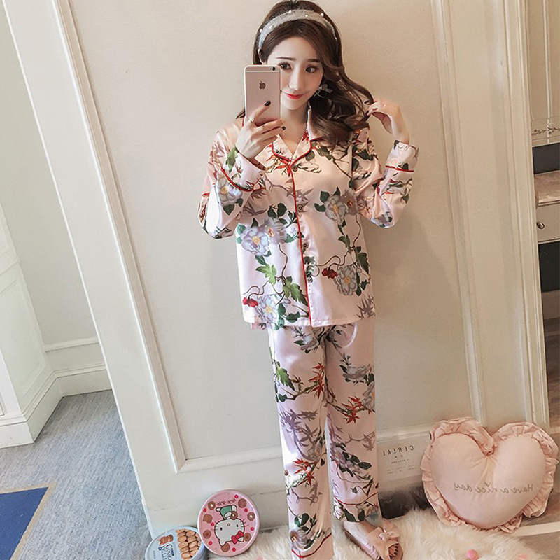 5XL Satin Silk Pajamas For Women's Set Long Sleeve Flower Printed Pigiama Set Long Sleepwear Nightwear Loungewear Pjs Plus Size 201027