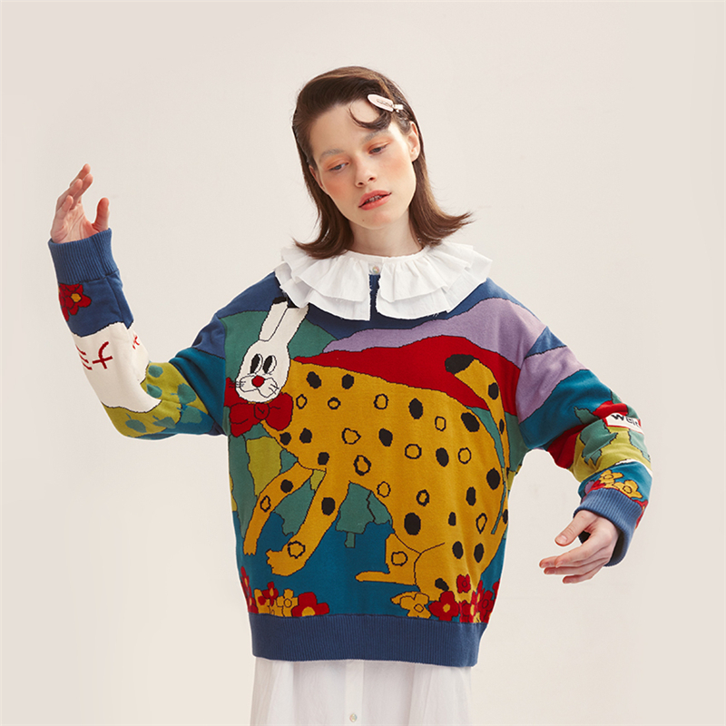Women's Cartoon Embroidery Harajuku Cute Knitted Sweaters Winter Thick Warm Jacquard Sweater Knit Pullovers 201023