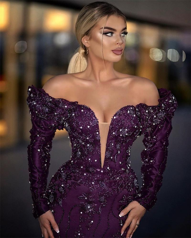 Elegant Grape Lace Mermaid Prom Dress Off Shoulder Appliques Beads Custom Made Puffy Party Gown For Arabic Women 2024