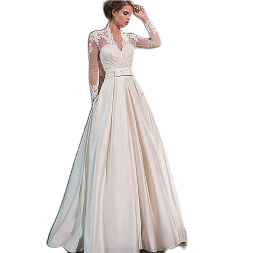 Elegant Wedding Dresses Deep V-neck Long-sleeves Belt Custom made Appliqued Lace Bridal Gowns Glitter Sweep Train Robes De Mariée