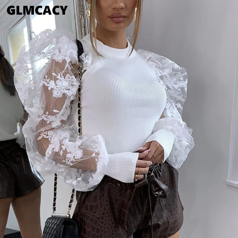 Women Sexy Lace Embroidery Mesh Blouse Puffed Sleeve Blouse Shirts Long Sleeve O Collar Shirt Blouse T200321