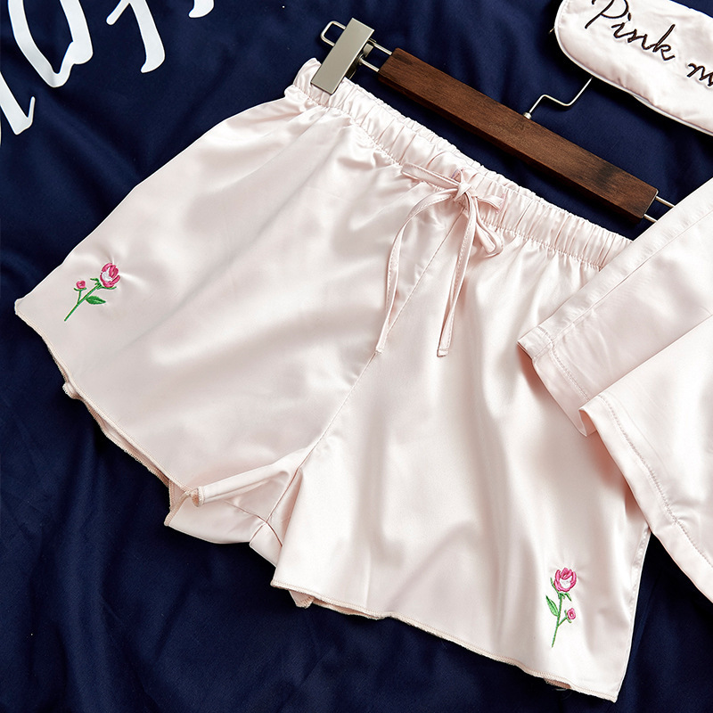 silk women's pajamas with shorts Satin Embroidery Rose Floral home clothes sleeping clothing women lingerie Spring 210203