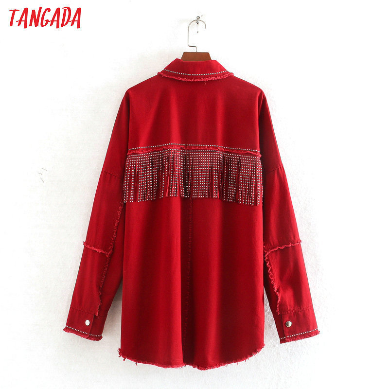 Tangada women fashion red oversized jackets tassels turn down collar coat ladies streetwear tops CE130 201029
