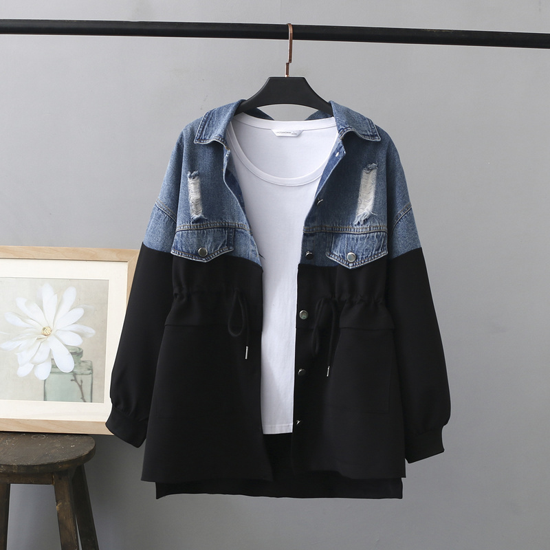 Neploe Jeans Jacket Women Clothes Drawstring Denim Coat Harajuku Patchwork Plus Size Jackets Long Sleeve Windbreaker Female 201017