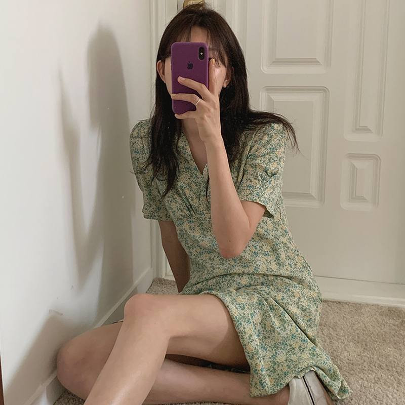 SHENGPALAE Summer Women Vintage Loose High Waist Slim Was Thin Elegant Small Floral V-neck Puff Sleeve Maxi Dress ZA4584 T200613