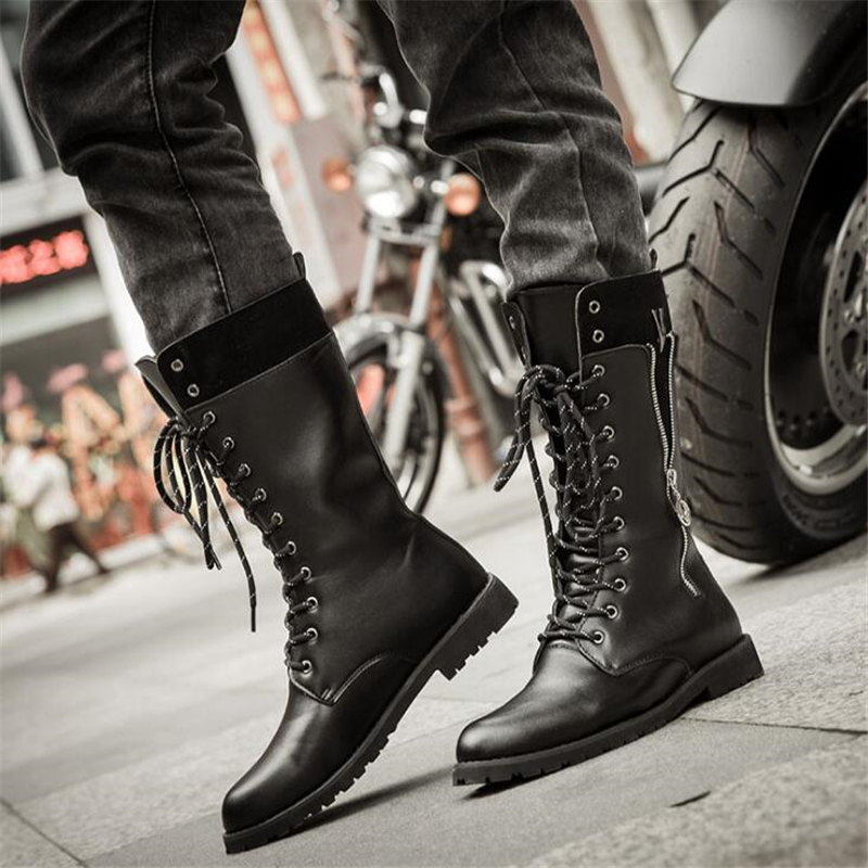 Fashion Motorcycle Cool Skull Combat Army Punk Goth Biker Boots Leather Men Shoes High Top Casual Boot 201127