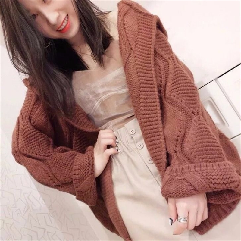 Autumn Cardigan Women In Preppy Style Hooded Loose Knitted Open Jumper Geometric Sweater Female Knitwear 201204