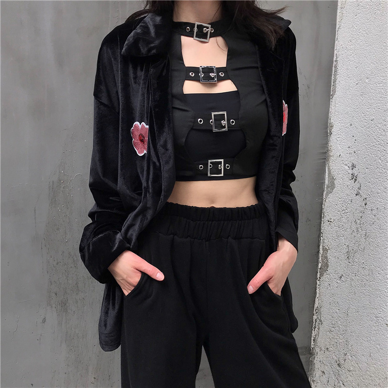 Plus Size Gothic Sexy T-Shirt Women Strap Buckle Front Round Neck Slim Top Long Sleeve T Shirt Tumblr Tops Tee Punk Streetwear 201028