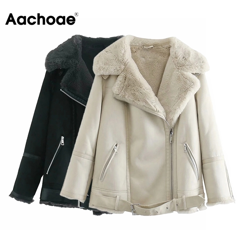 Aachoae Winter Streetwear Fur Faux Leather Jacket Women Fashion Thick Warm Coat Female Zipper Up Sashes Jackets Coats 201017