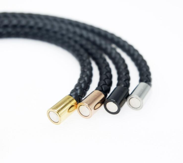 Promotion Men Magnetic Buckle Black Leather Braid charm Bracelet Fashion Jewelry Silver Wholesale price Bracelets For Men Gift ( No Box )