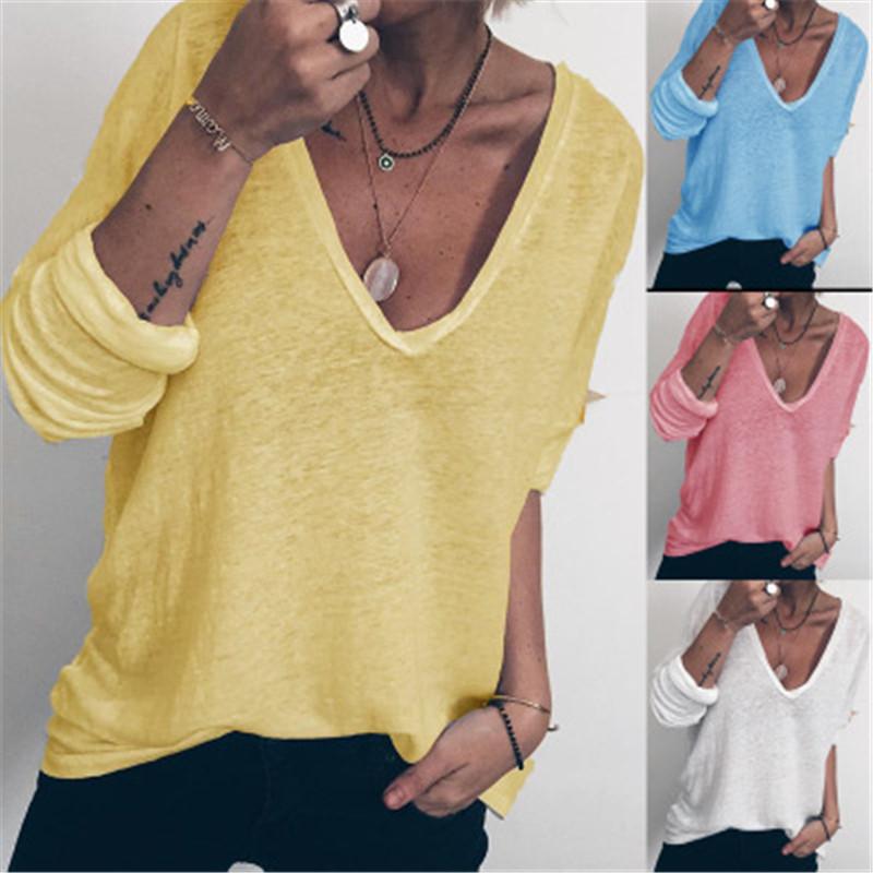 Womens Solid Color V-neck T-shirts Fashion Trend Casual Loose Long Sleeves Tees Tops Designer Summer New Female Thin Section Tshirt
Womens Solid Color V-neck T-shirts Fashion Trend Casual Loose Long Sleeves Tees Tops Designer Summer New Female Thin Section Tshirt