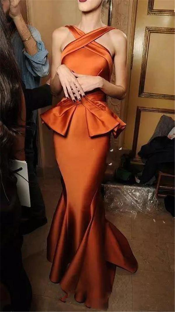 Orange Evening Vintage Dresses Satin Sexy Halter Peplum Or Length Ruched Pleats Custom Made Prom Party Gown Formal Ocne Wear 6660306