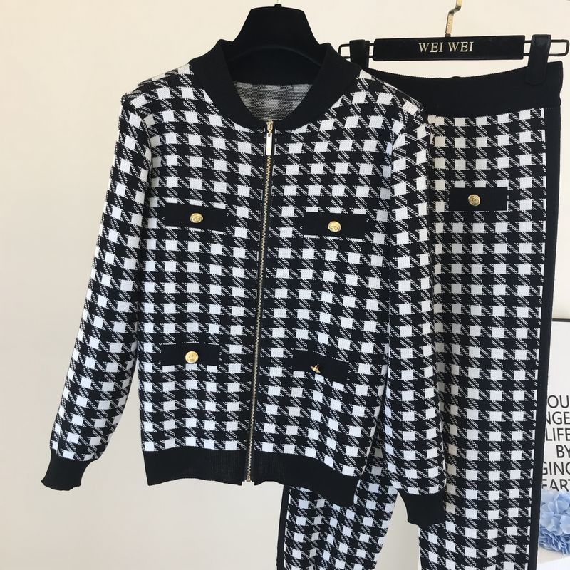 Amolapha Women Vintage Button Plover Plaid Ziipper Knitted Cardigans+Lante Pants 2PCS Set Tracksuits T201031