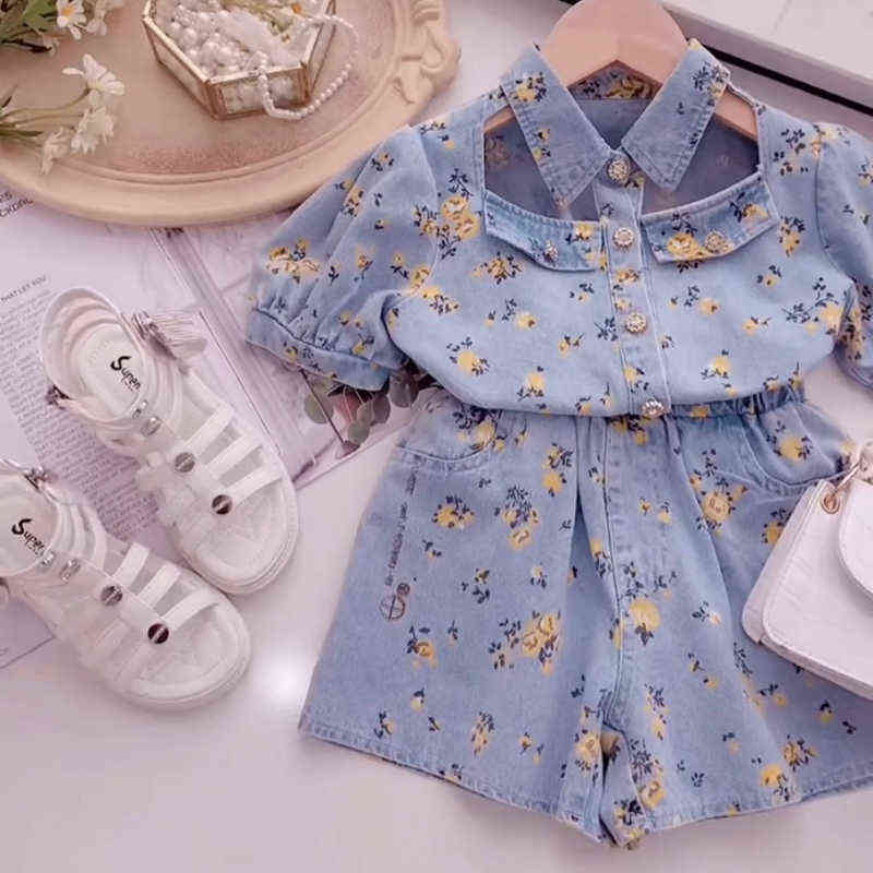 Summer Girls' Clothing Sets 2022 New Korean Version Girl Flower Short-Sleeved Printed Denim Jacket+Denim Shorts Baby Kids Suits Y220310