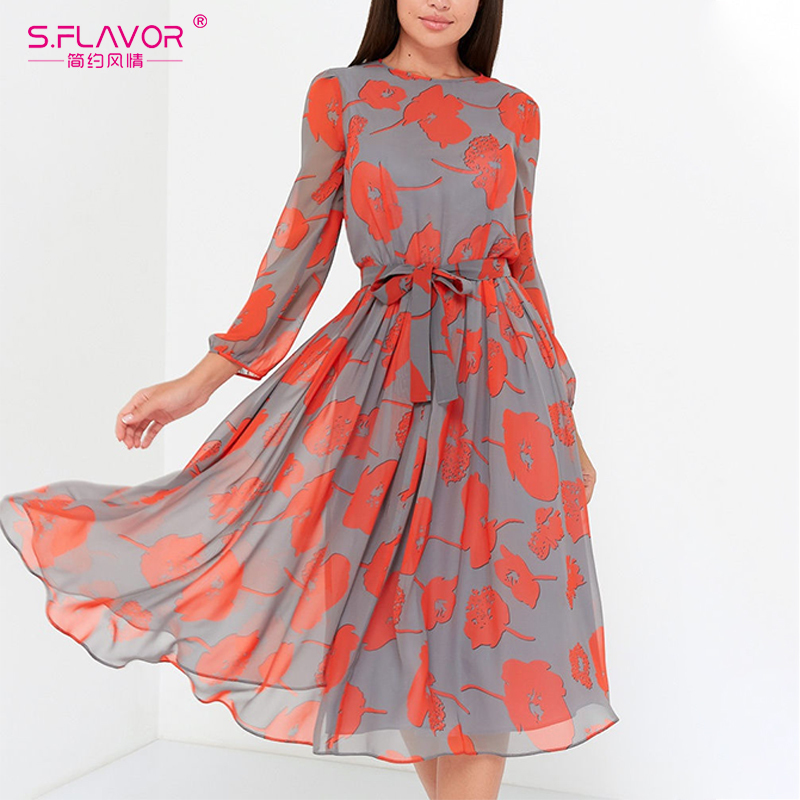 S.FLAVOR Women Printing Casual A-line Dress Elegant Full Sleeve Chiffon Boho Vestidos De Autumn Winter Fashion Midi Dresses 201029