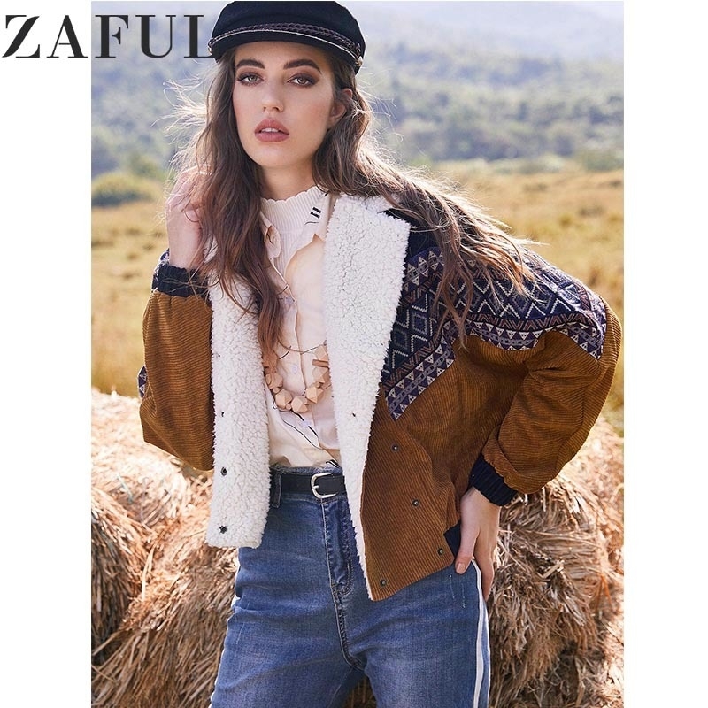 

ZAFUL Jacket Coats Women Autumn Spring Vintage Outwear Tunic Double Breasted Tribal Print Faux Shearling Panel Corduroy Jacket Y200101, Muti