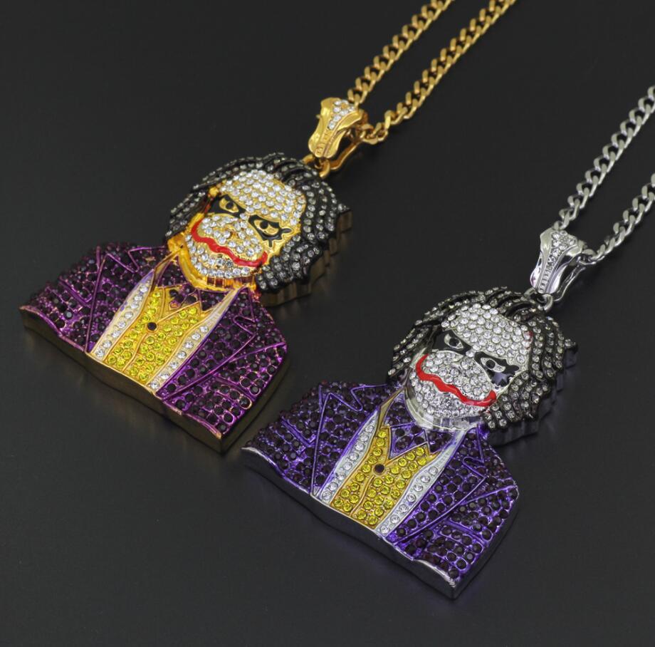 Fashion Iced Out Large Cartoon Clown Cosplay Pendant Mens Hip Hop Necklace Jewelry 76cm Gold Cuban Chain For Men Women Free shipping Free shipping