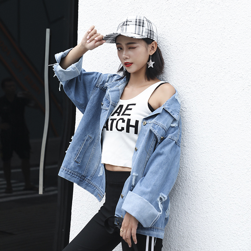 2019 Vintage Letter Print Frayed Jean Jacket Women Long Sleeve Ripped Hole Denim Coat Female Spring Causal Bomber Jackets T200319