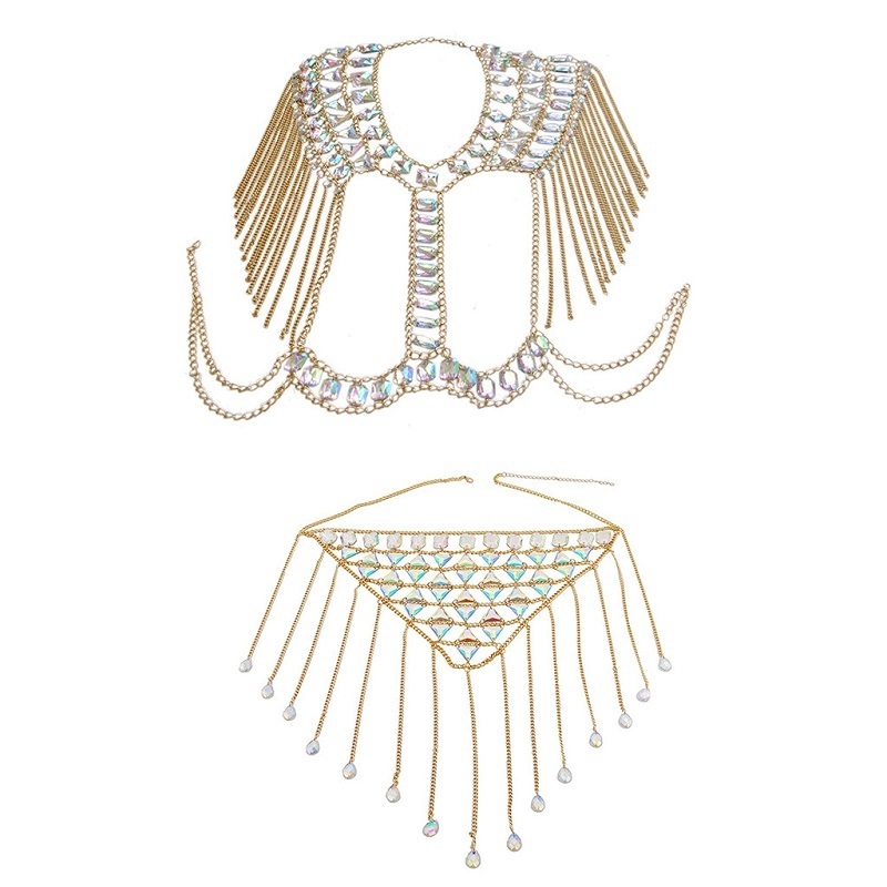 Classic Tassels Style Ladies Sequin Acrylic Shoulder Chain Necklace Promotion Fashion Sexy Beach Belly Body Chain Set Jewelry T200508