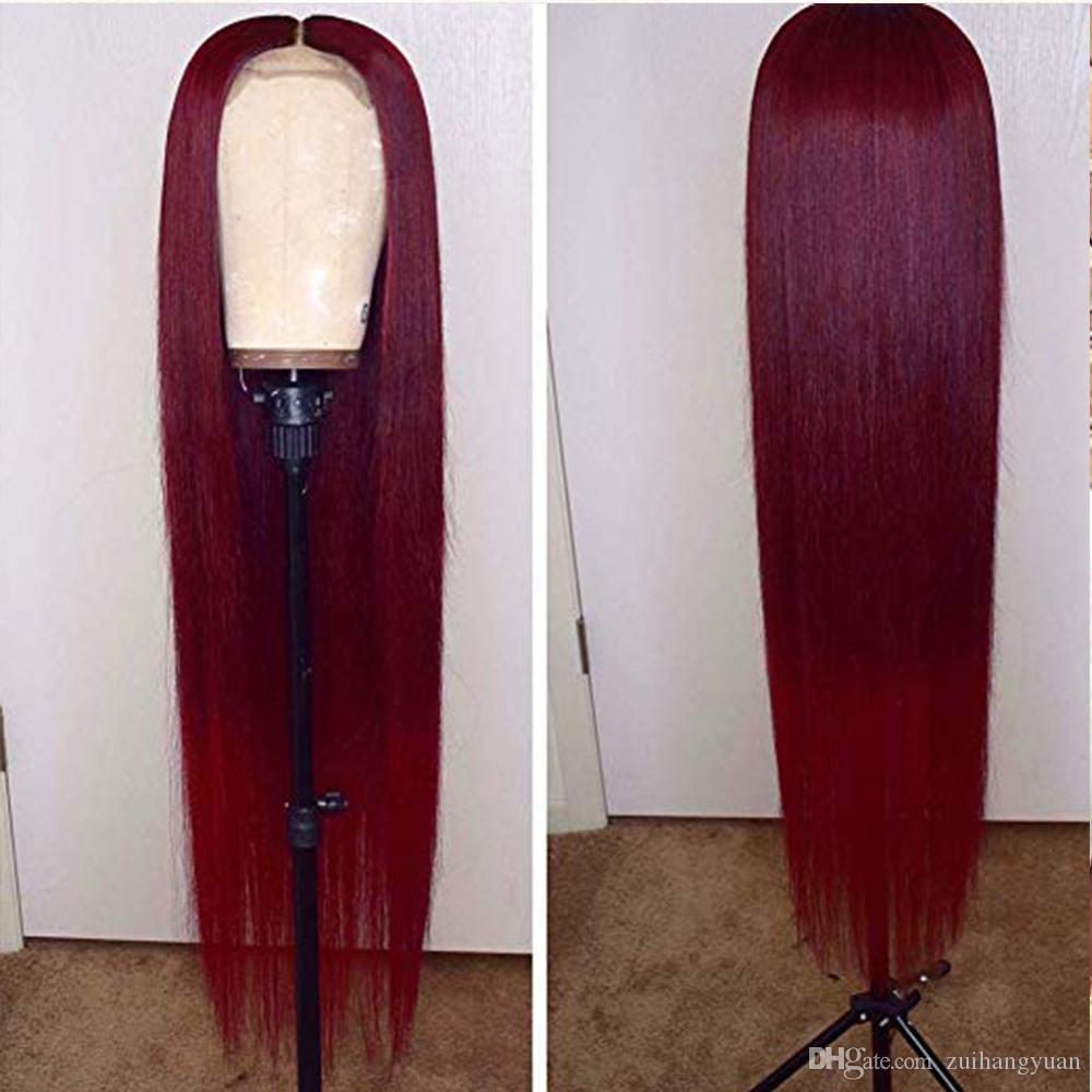Red Color Brazilian Remy HairGlueless Long Straight 99J 13x4 Lace Front Human Hair Wig Pre Plucked with Baby Hair