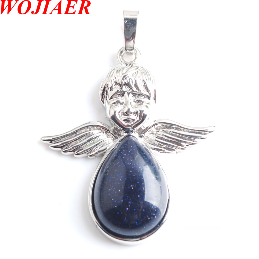 WOJIAER Angel Wings Natural Agate Quartz Turquoise Stones Pendants Necklaces bead Women Girls Jewelry Christmas Gifts BM902