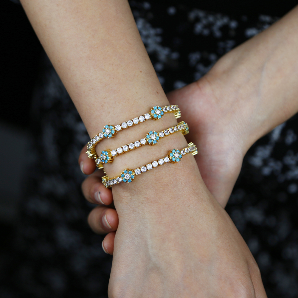 2021 New Arrived Blue Cz Colorful Flower Tennis Link Chain Bracelet for Women Girls Iced Out Bling Cz Paved Daisy Flower Bracelets