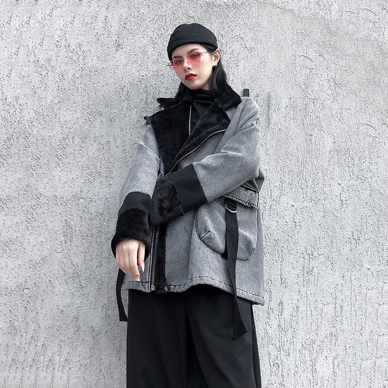 EAM Loose Fit Gray Denim With Velet Big Size Jacket Lapel Long Sleeve Women Coat Fashion Autumn Winter 1DC386 201029