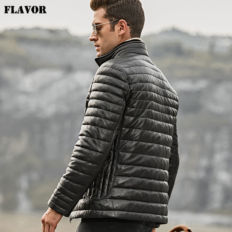 FLAVOR Men's Real Leather Down Jacket Men Genuine Lambskin Winter Warm Leather Coat with Removable Standing Sheep Fur Collar 201128