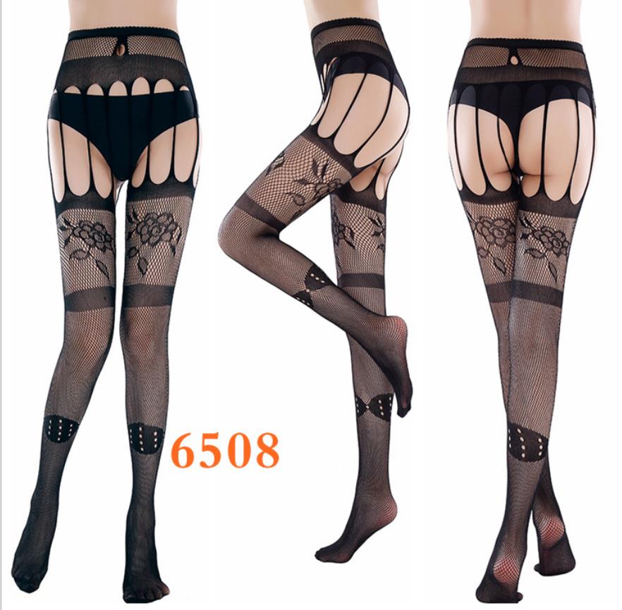 High Waist Tights Fishnet Stockings Mesh Sheer Lace Top Garter Belt Thigh High Stockings Sexy Suspender Pantyhose black