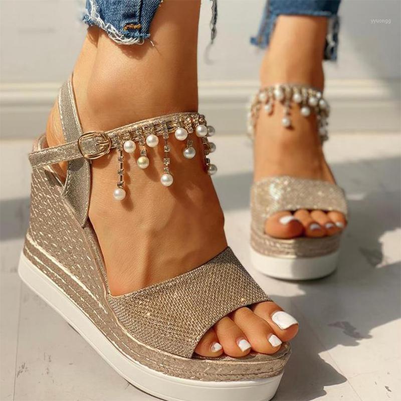 Wedge Sandals Women Summer Platform Sandals High Heels Ladies Shoes Shining Crystal Bead Sandalias Mujer 20211, Gold 
Wedge Sandals Women Summer Platform Sandals High Heels Ladies Shoes Shining Crystal Bead Sandalias Mujer 20211, Gold