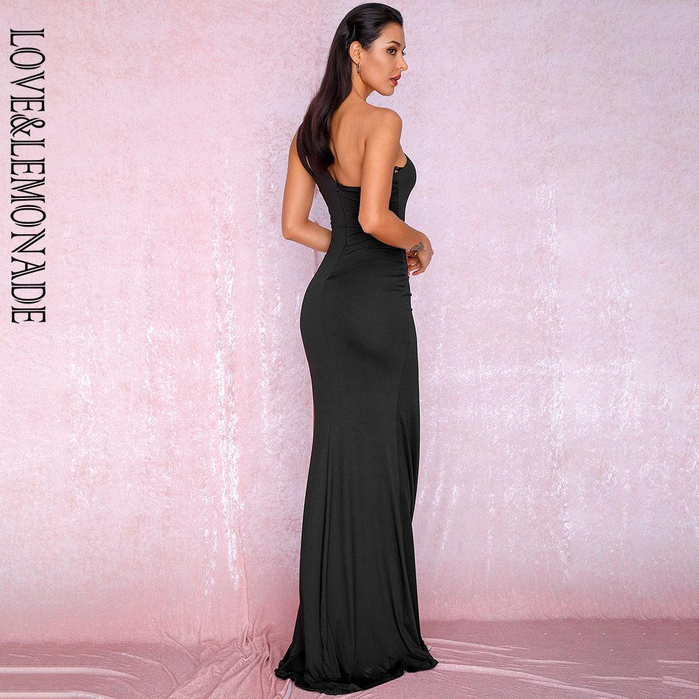 LOVE&LEMONADE Sexy Black One-Shoulder Cut Out Bodycon Elastic Material Split Party Maxi Dress LM81921 T200604
