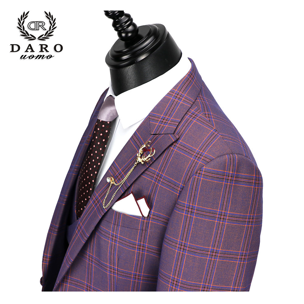 DARO New Men Suit 3 Pieces Fashion Plaid Suit Slim Fit blue purple Wedding Dress Suits Blazer Pant and Vest DR8193 201124