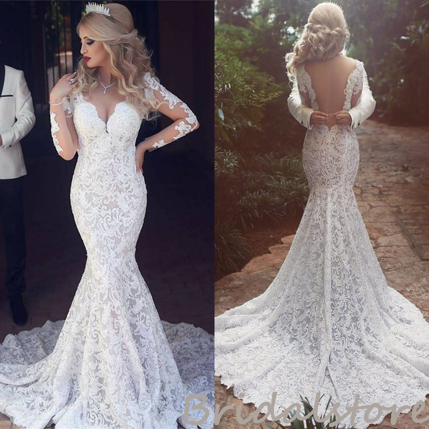 Full Lace Mermaid Wedding Dress Rustic Boho Style Long Sleeve Backless Beach Wedding Dresses 2022 V Neck Country Party Bridal Gowns Women Elegant Robe
