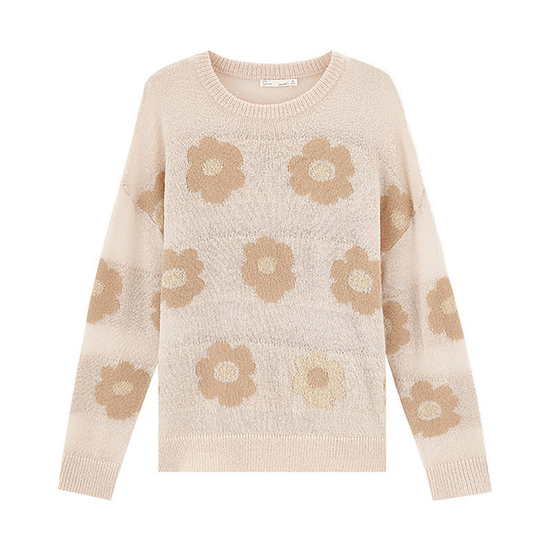 INMAN Autumn Arrival Sweet Flower Jacquard O-neck Pullover Loose Women Sweater 201225