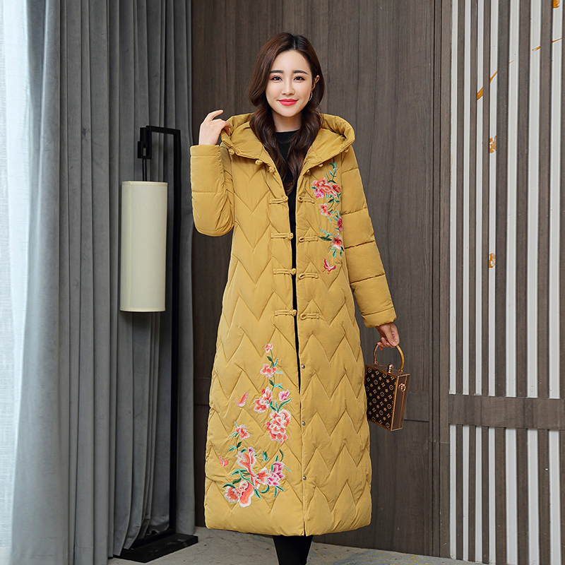 Chinese Style Women's Winter Jacket X-long Hooded With Embroidery Woman Parkas Plus Size Stand Collar Single Breasted Thick Coat 201125