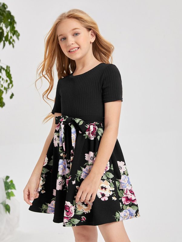 Girls Floral Print Belted 2 In 1 Dress SHE