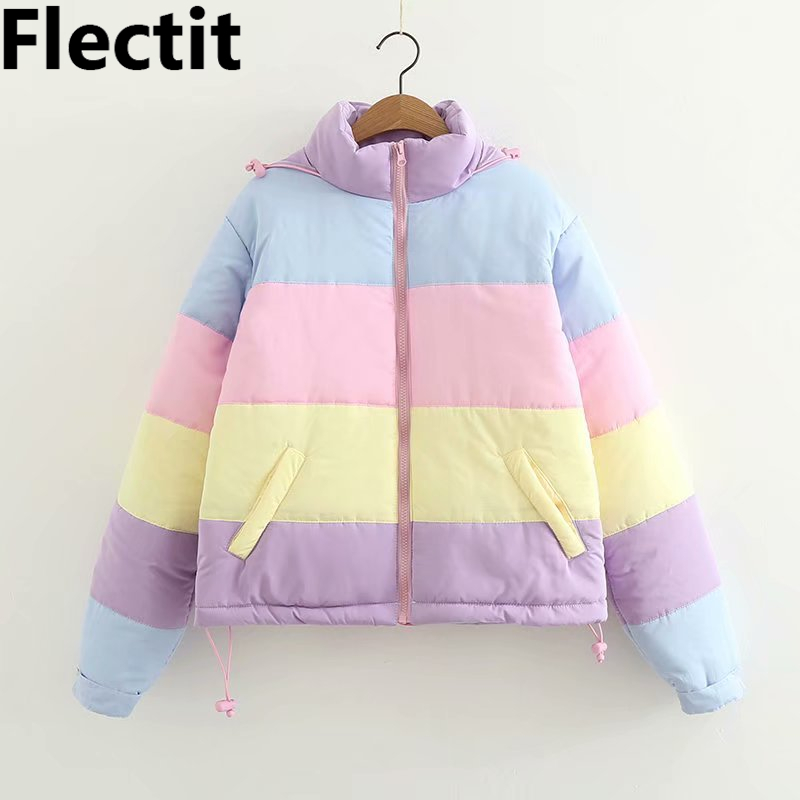 Flectit Lazy Pastel Puffer Jacket With Hood Warm Padded Coat Women Winter Rainbow Bomber Jacket Harajuku * Y201006