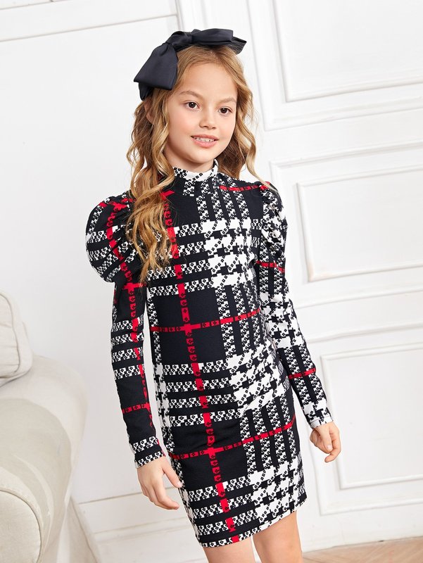 Girls Plaid Gigot Sleeve Mock Neck Dress SHE