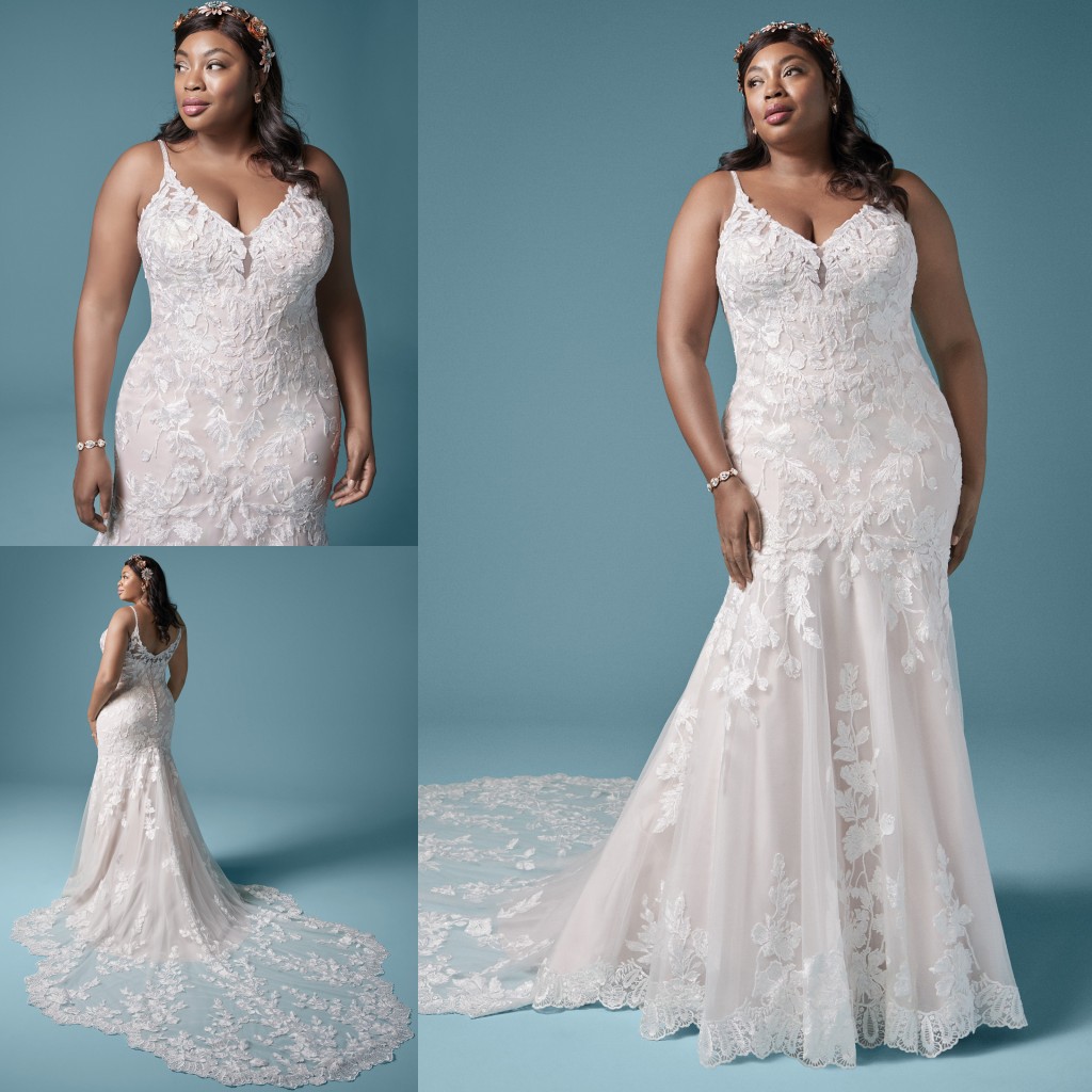 Size Charming Plus Lace Mermaid Wedding Dresses V Neck Covered Buttons Back Bridal Gowns Waved Court Train Custom Made Robe De Marie
