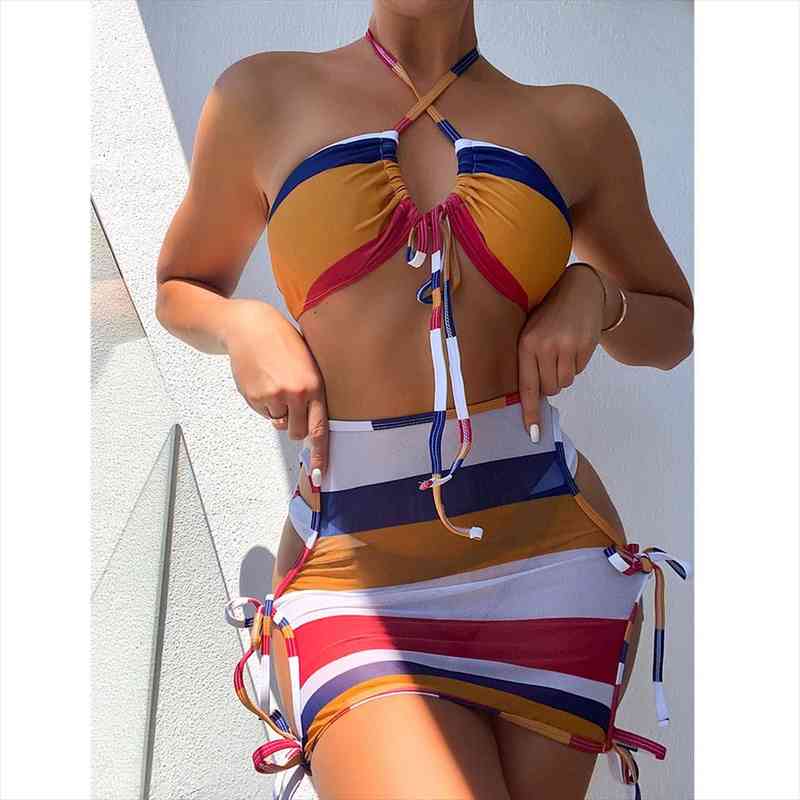 three pieces bikini set with sarong swimwear women halter swimsuit female striped print bikini bathing suits swim, White;black
three pieces bikini set with sarong swimwear women halter swimsuit female striped print bikini bathing suits swim, White;black